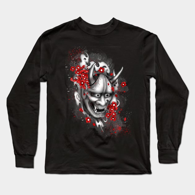 Hannya Mask and sakuras Long Sleeve T-Shirt by marineloup